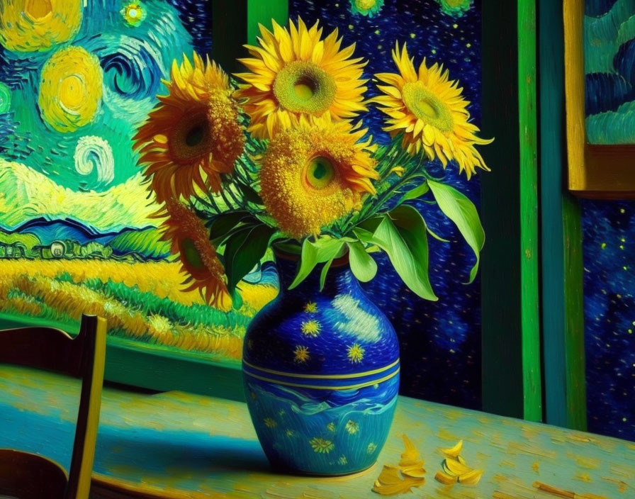 Sunflower painting in starry-patterned blue vase