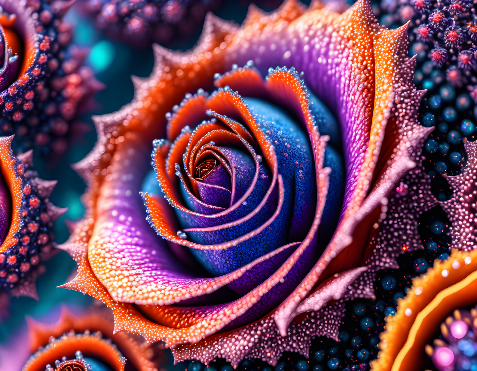 Fractal rose digital art with spiral pattern in purple, blue, and orange hues.