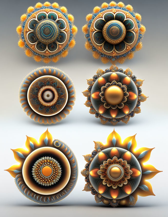 Symmetrical fractal patterns in vibrant orange, blue, and brown hues