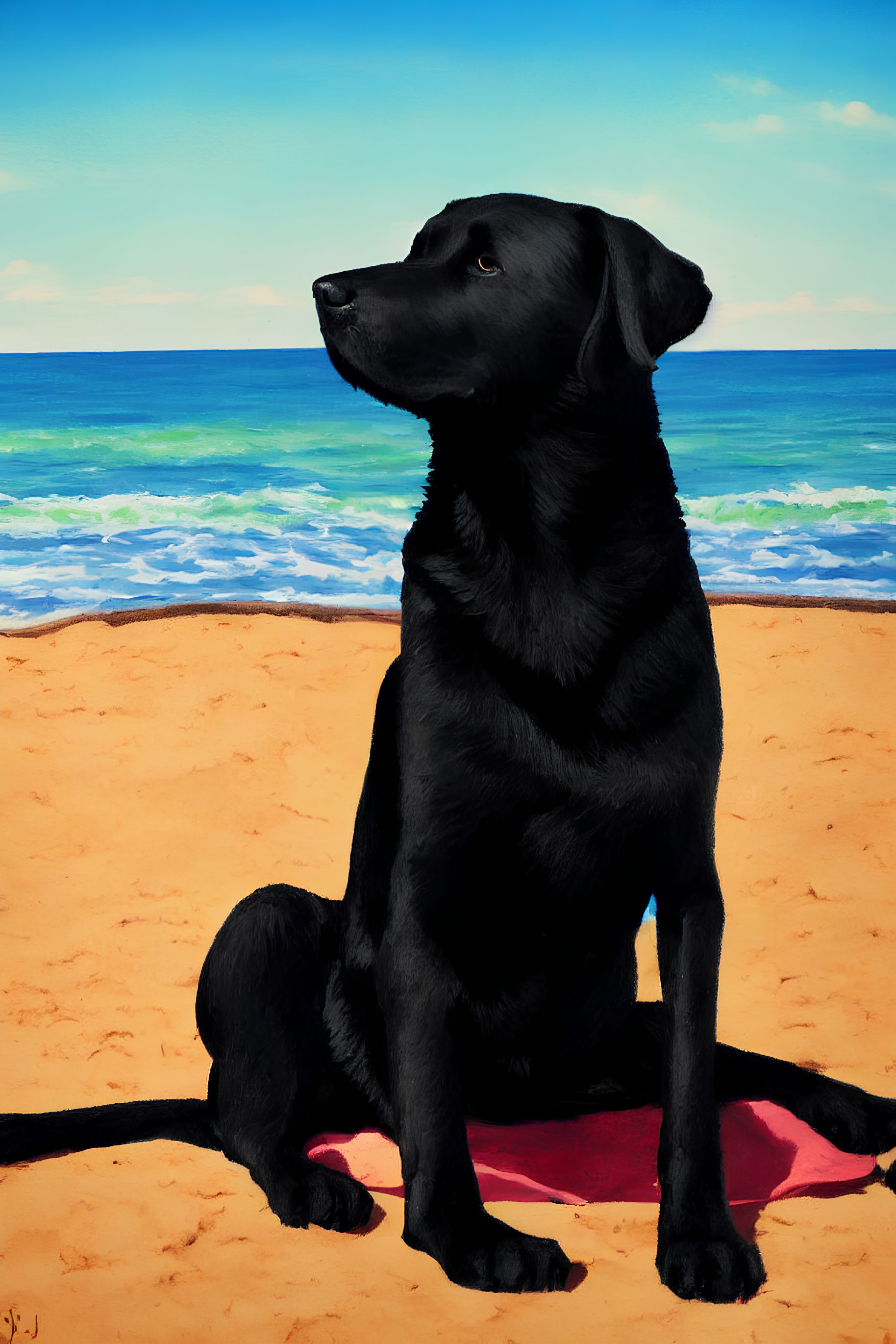 Black Dog on Sandy Beach with Ocean Background