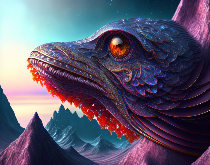 Colorful dragon-like creature with orange eye and red crystals in mouth on mountainous background