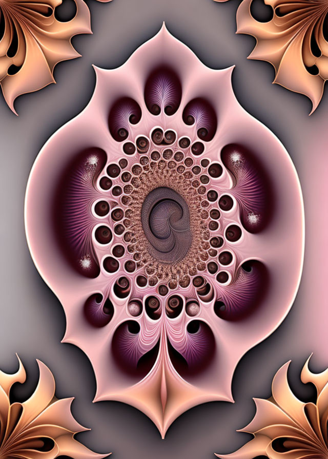 Symmetrical digital fractal image with intricate spiral center and leaf-like structures in pink, brown, and