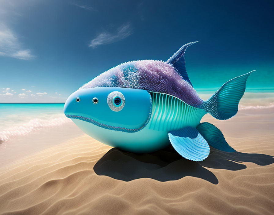 Vibrant blue and purple cartoon fish on sandy shore