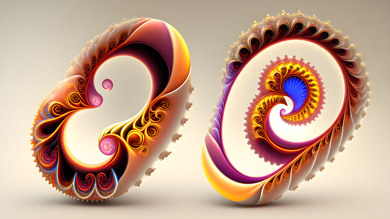 Mirrored fractal designs: Yin and yang symbols with vibrant colors