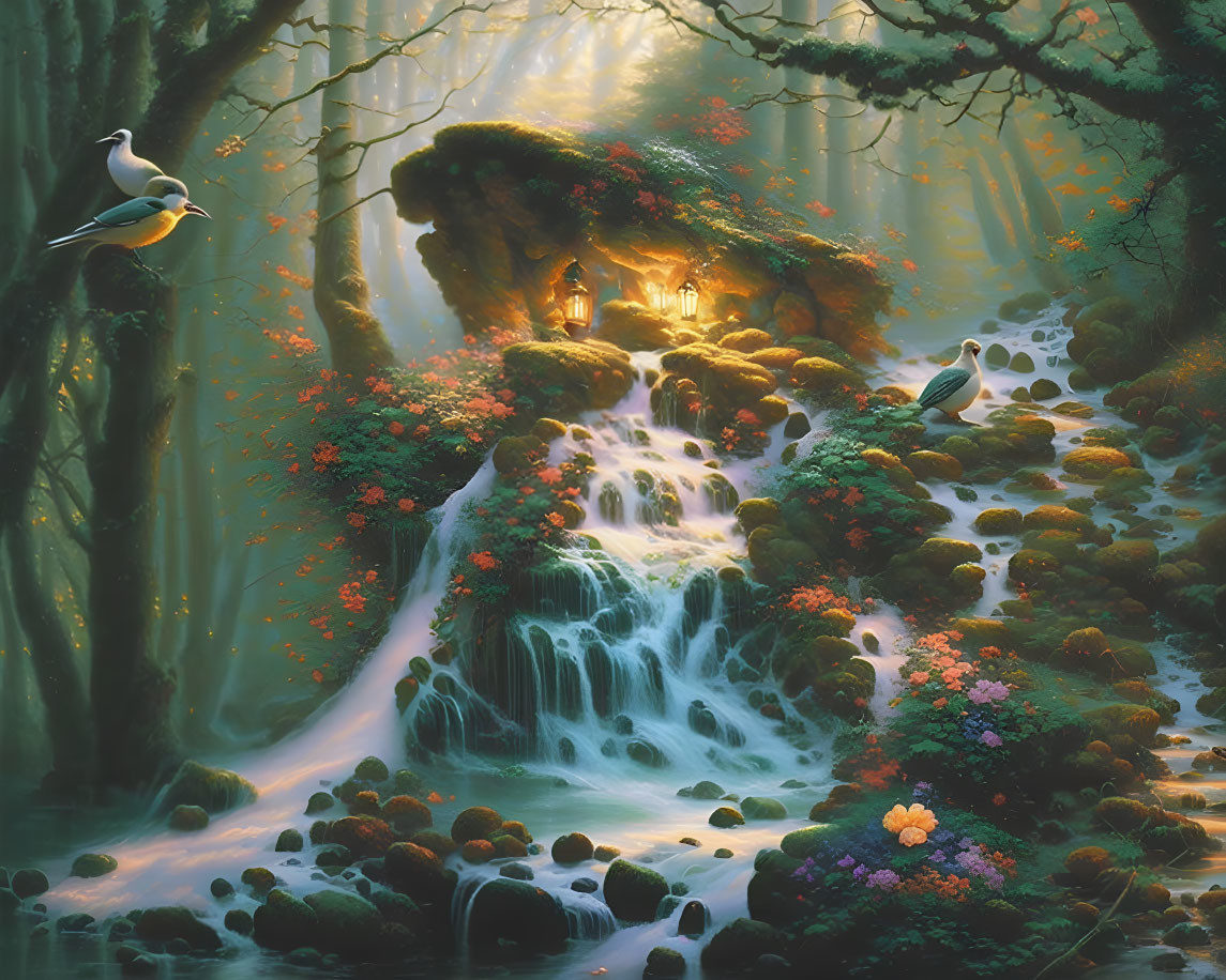 Mystical forest with glowing waterfall, vibrant flowers, and perched birds