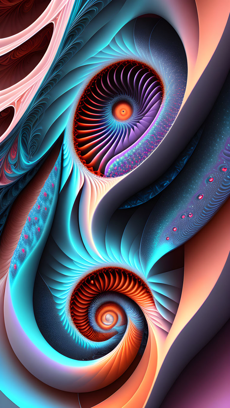 Colorful digital fractal art: Blue, red, orange swirls