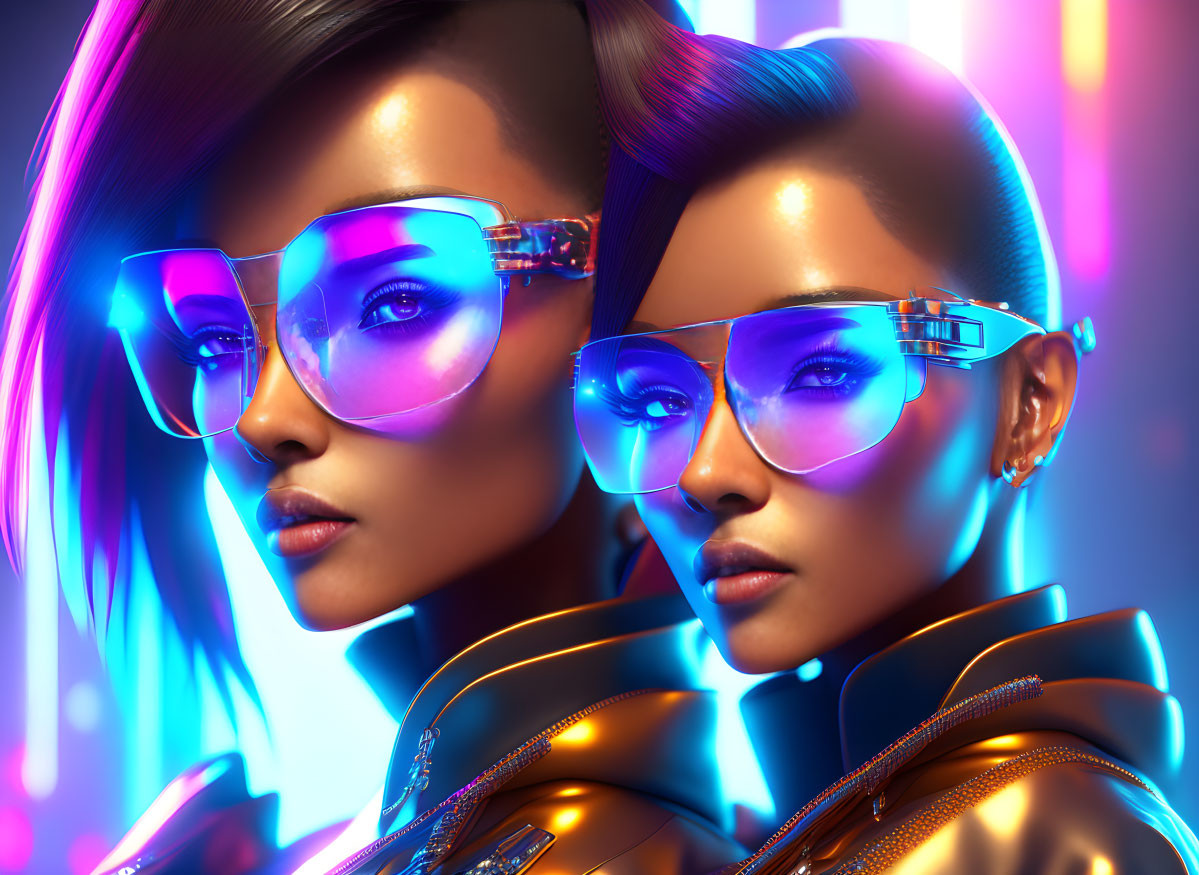 Digital artwork: Identical women in neon-lit setting with reflective glasses