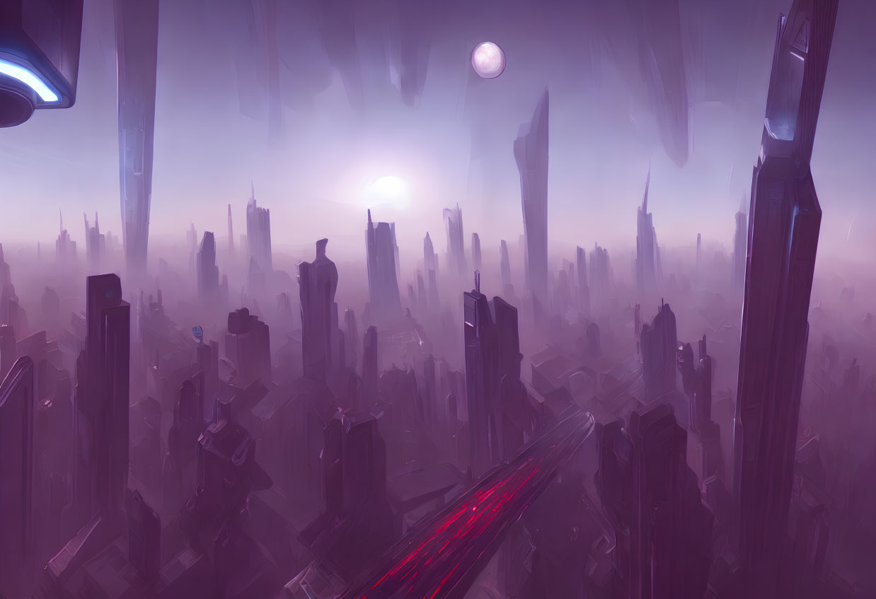 Futuristic purple cityscape with skyscrapers and flying vehicles