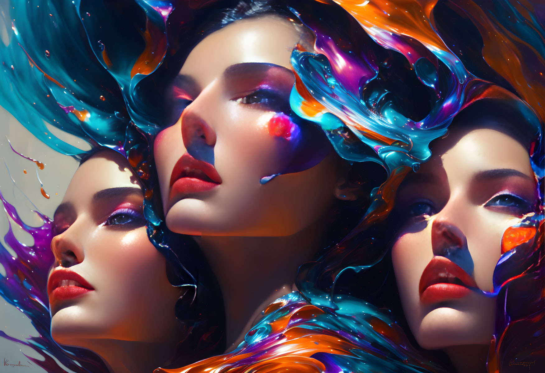 Colorful digital artwork: Three women amid swirling liquid forms