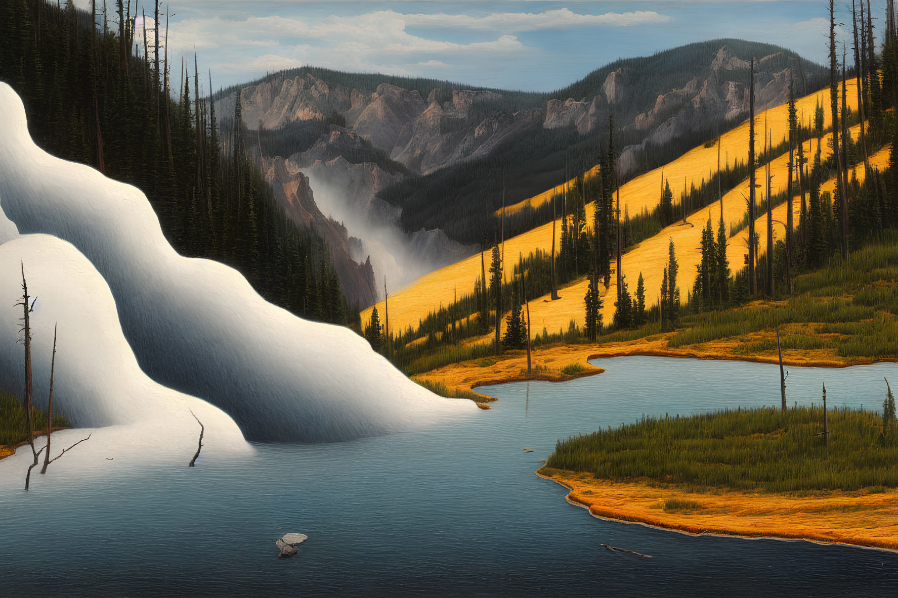 Snowy mountain landscape with river, evergreen trees, and yellow grass under hazy sky