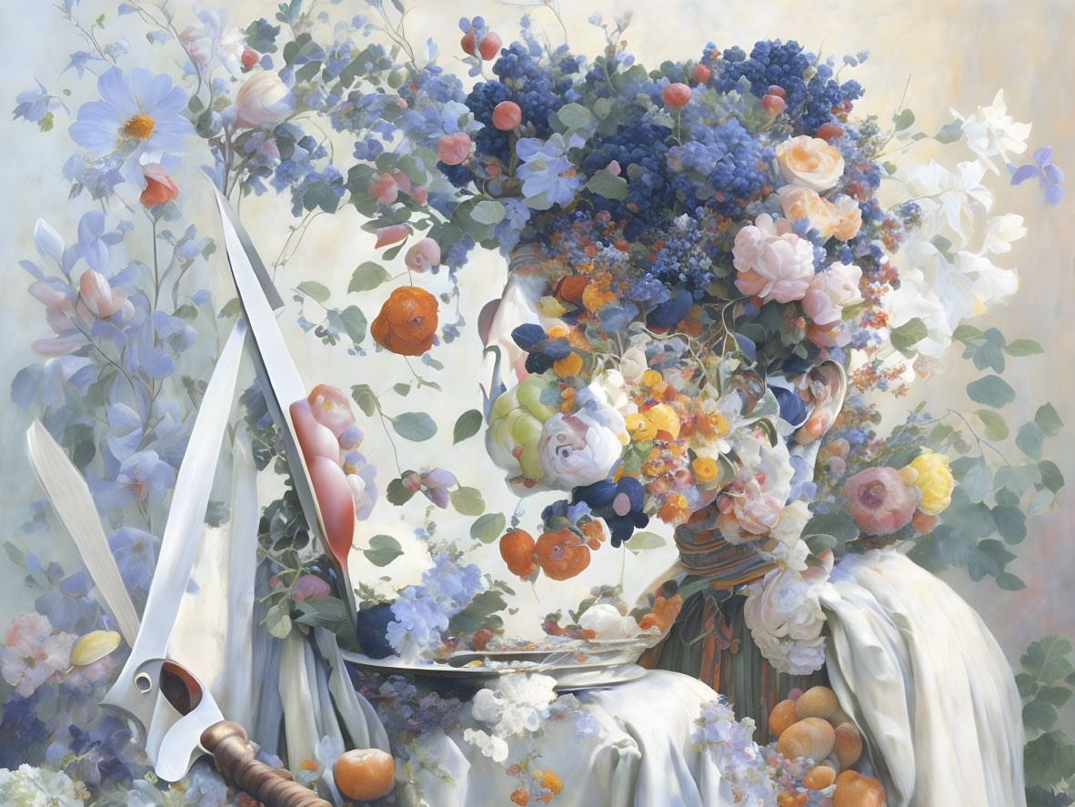 Luxurious still life with flowers, fruits, draped fabric, and reflective sword on misty background