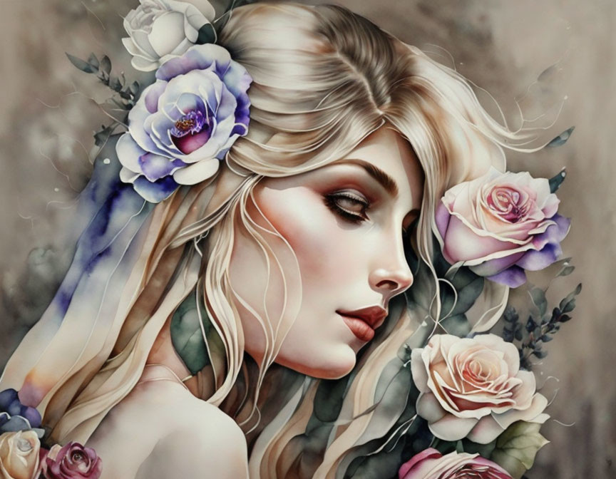 Serene woman with purple and pink rose-adorned hair in floral illustration