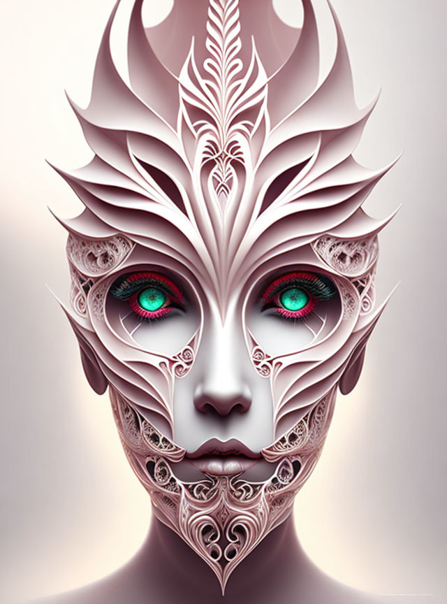 Digitally created face with white and pink filigree patterns and green eyes on gradient background