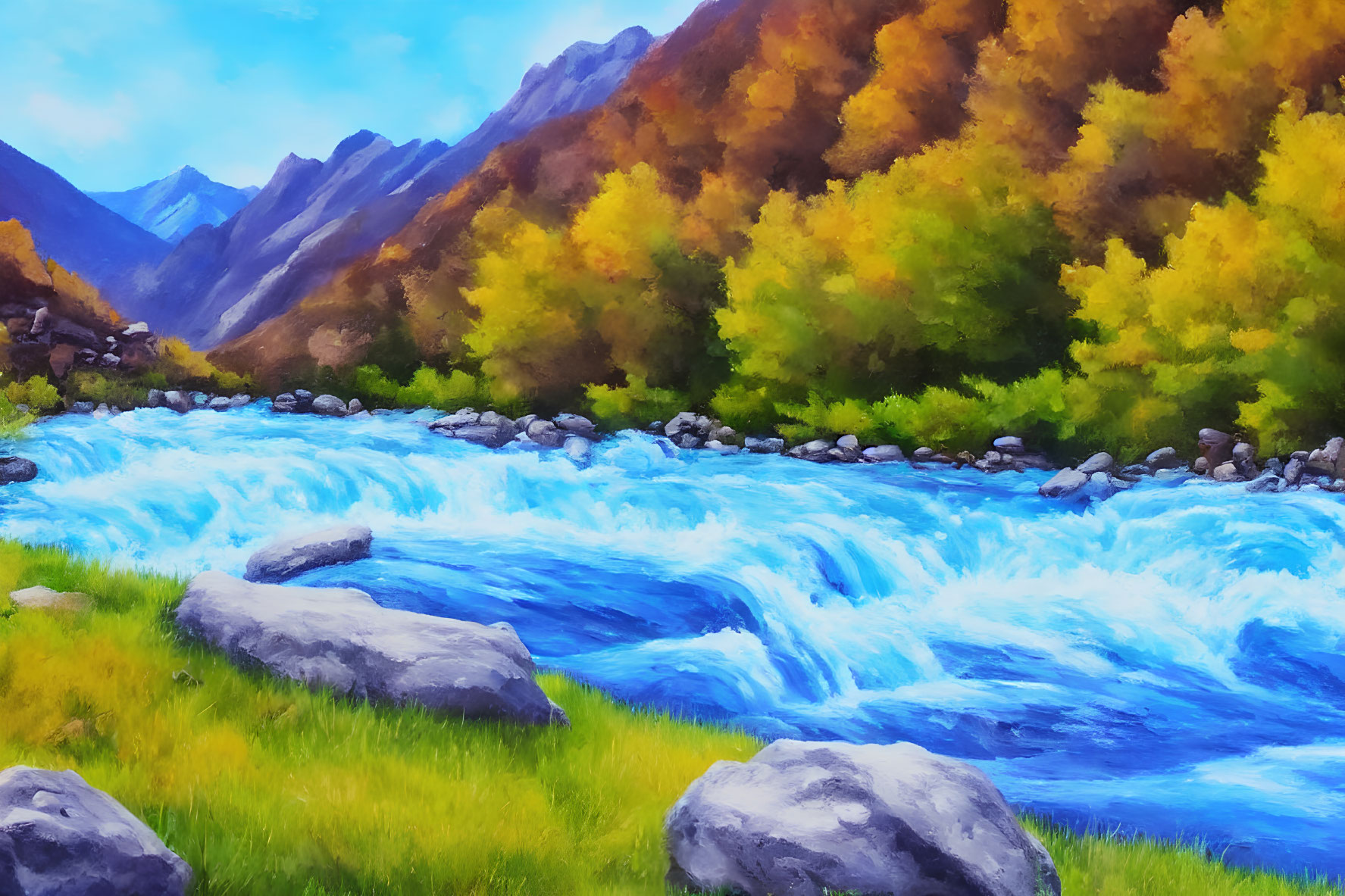 Scenic digital painting of mountain river with blue waters and autumn trees