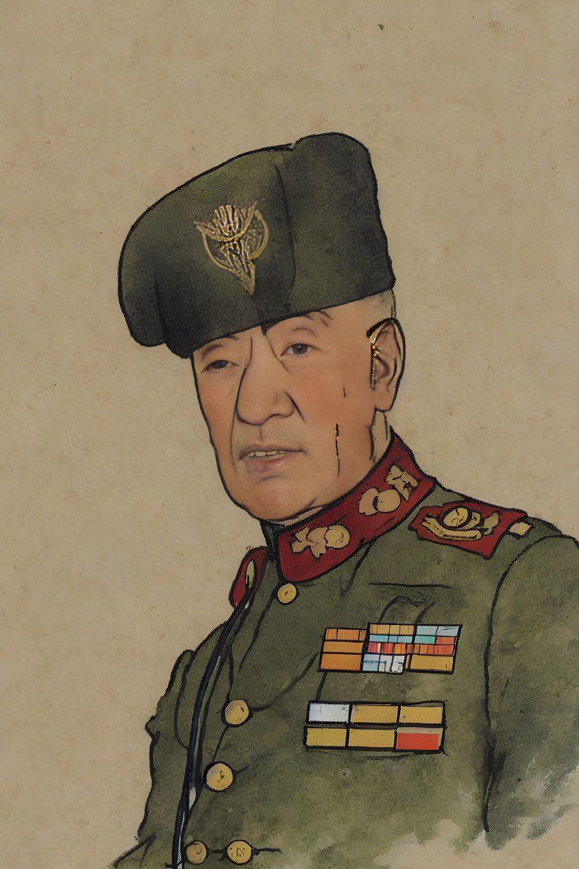 Military man illustration with medals and beret on beige background