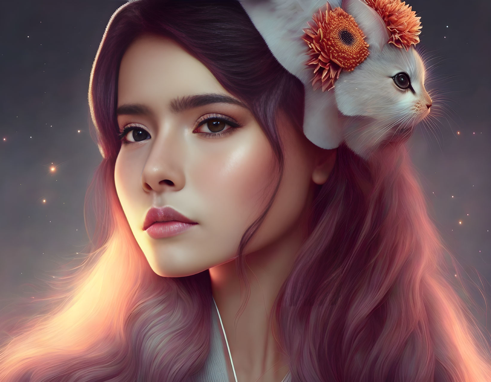 Digital portrait: Woman with pink hair & mythical white creature with orange flower.