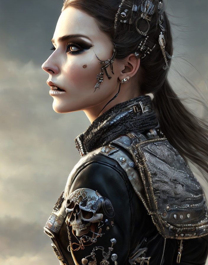 Elaborate Gothic makeup woman with skull and ornate attire against cloudy sky