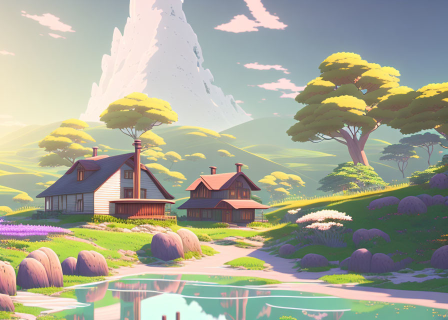 Tranquil Animated Landscape with Cozy Houses and Reflective Pond