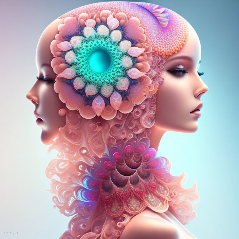 Surreal Artwork: Two Female Faces with Vibrant Floral Patterns