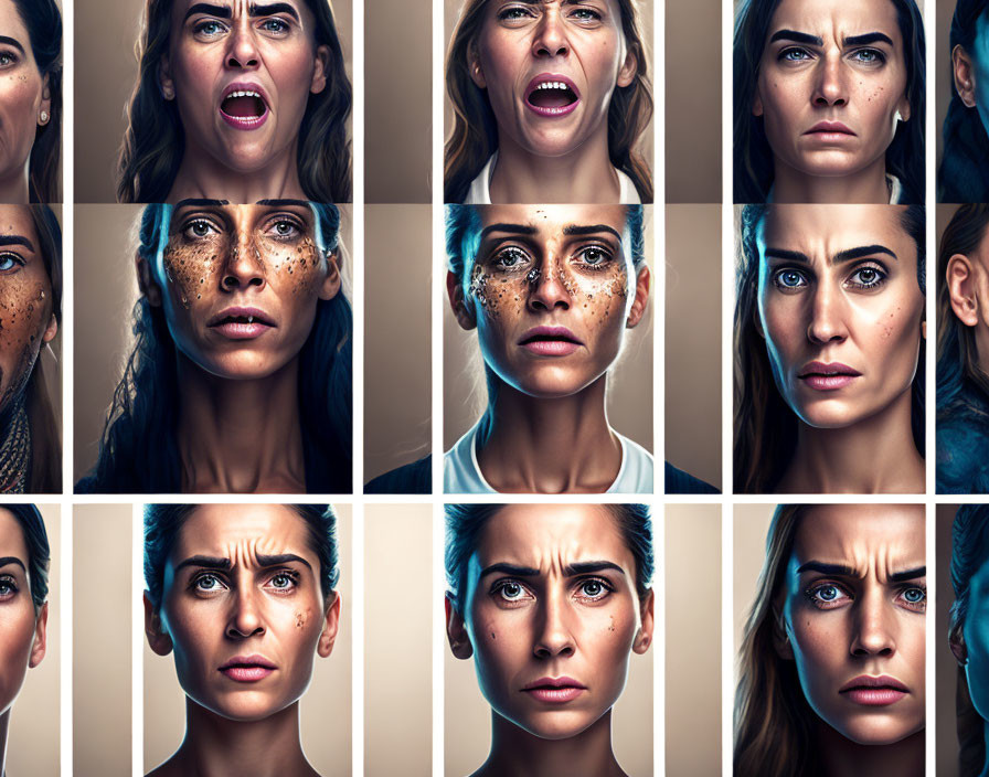 Grid of 12 Close-Up Woman Portraits Showing Various Emotions