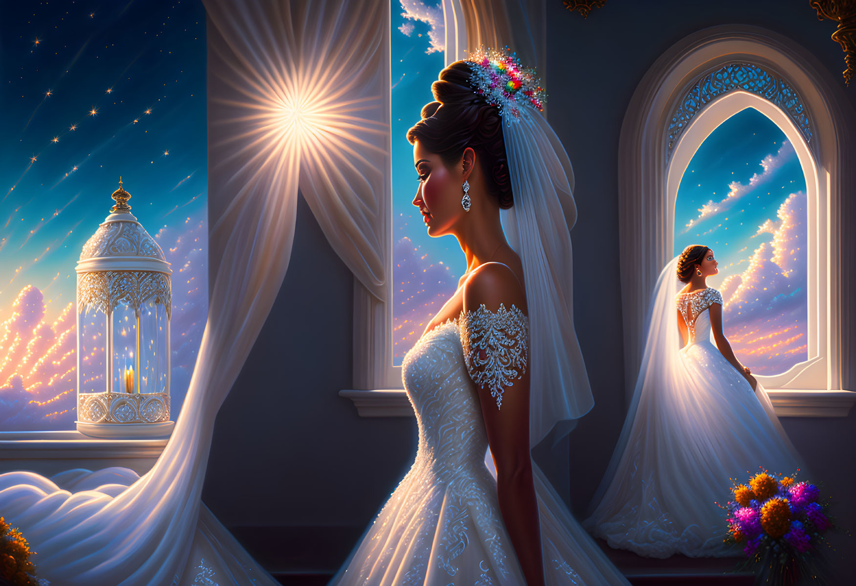 Detailed White Gown Bride by Window at Sunset with Stars and Lantern