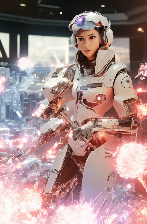 Futuristic female soldier in white armor with headset and visor amidst pink flowering trees in sci-fi