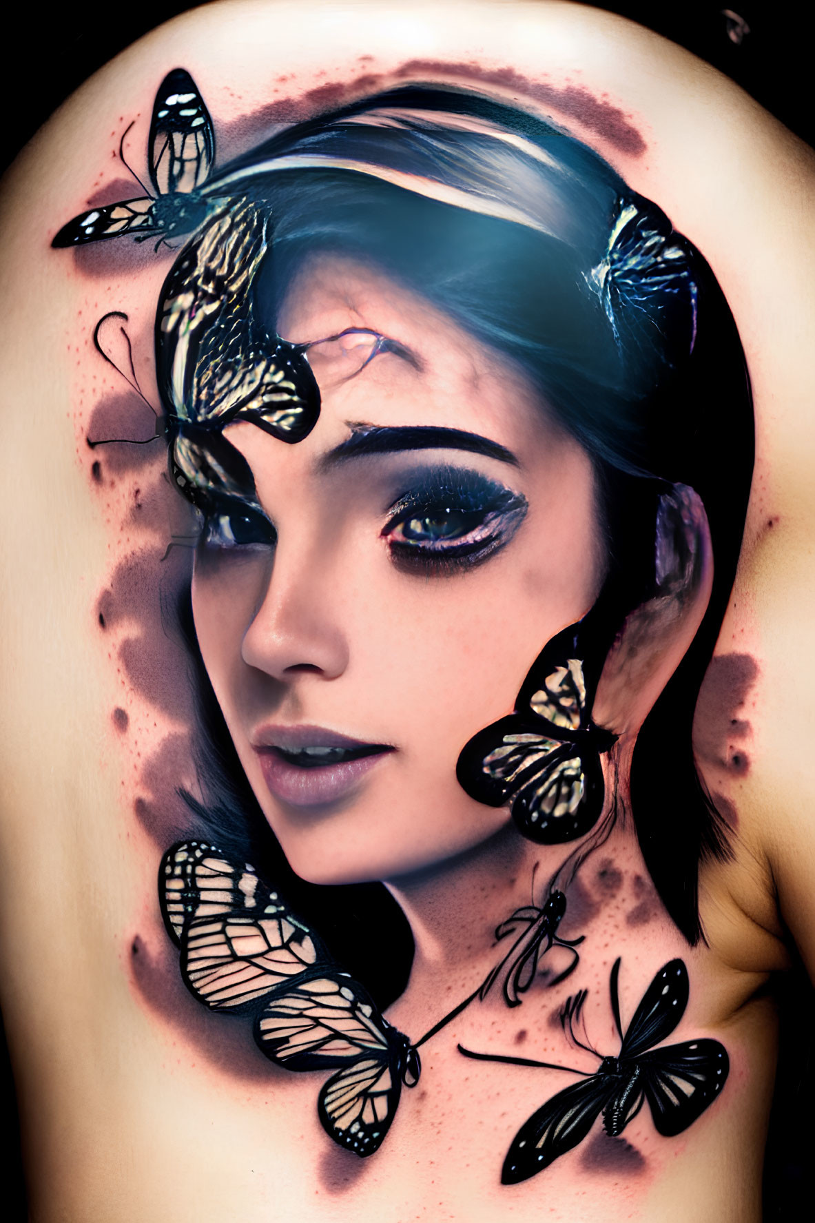 Realistic butterfly portrait with red-pink background