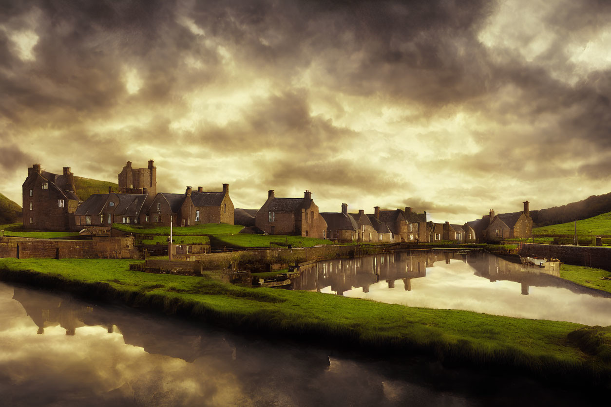 Historic stone houses by calm canal at dusk