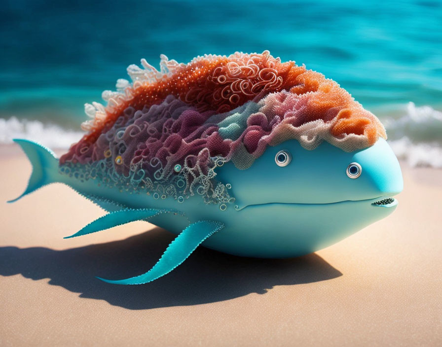 Colorful blue fish with coral on sandy shore by blue ocean