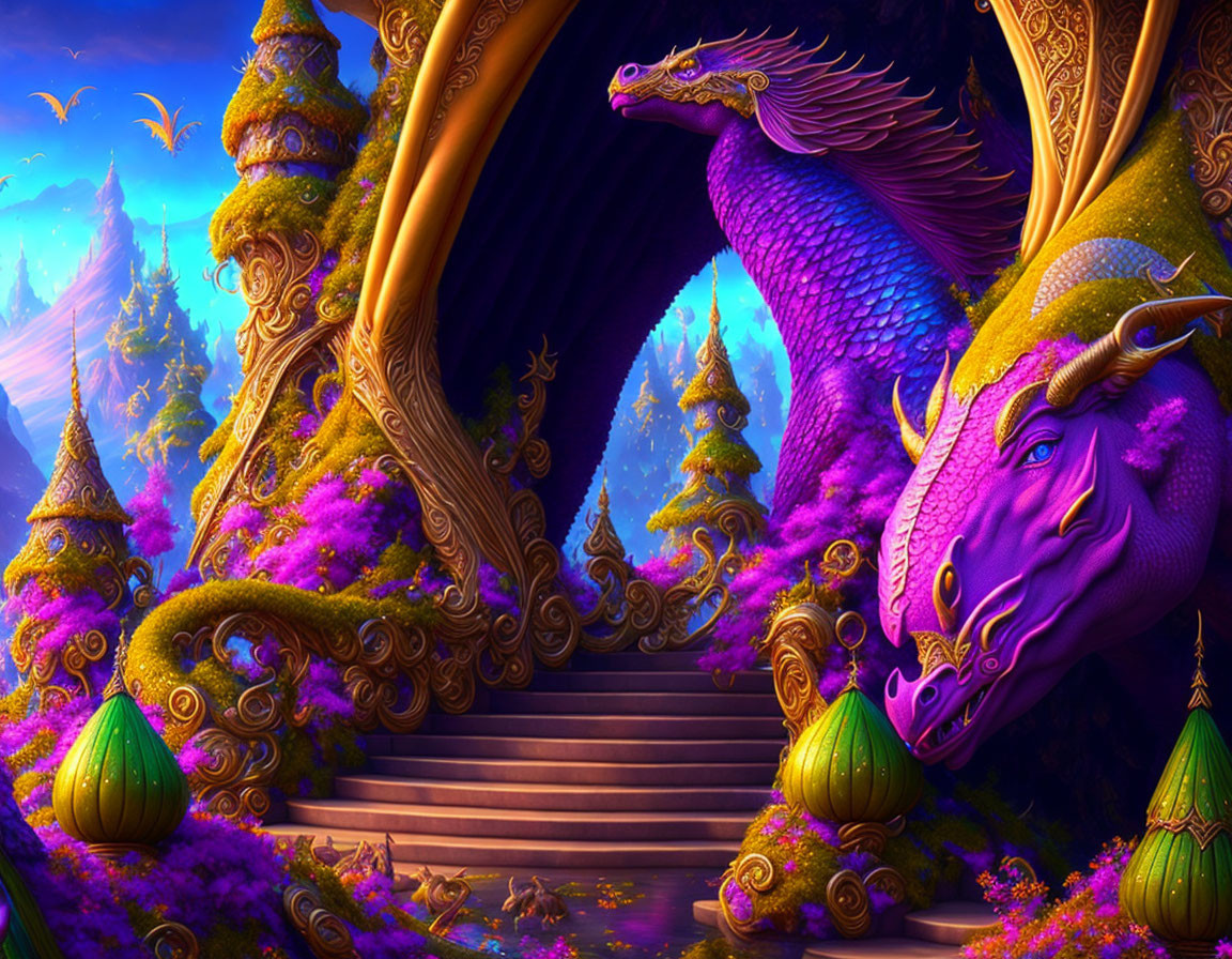 Purple dragon at golden temple entrance in lush forest scenery