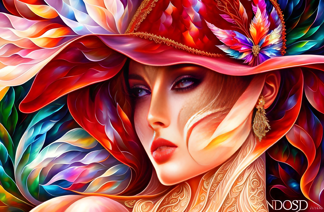 Colorful digital art portrait of a woman with ornate hat and swirling patterns