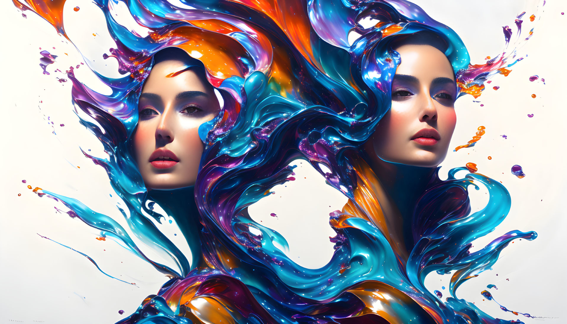 Colorful liquid hair merging: Two women, white background