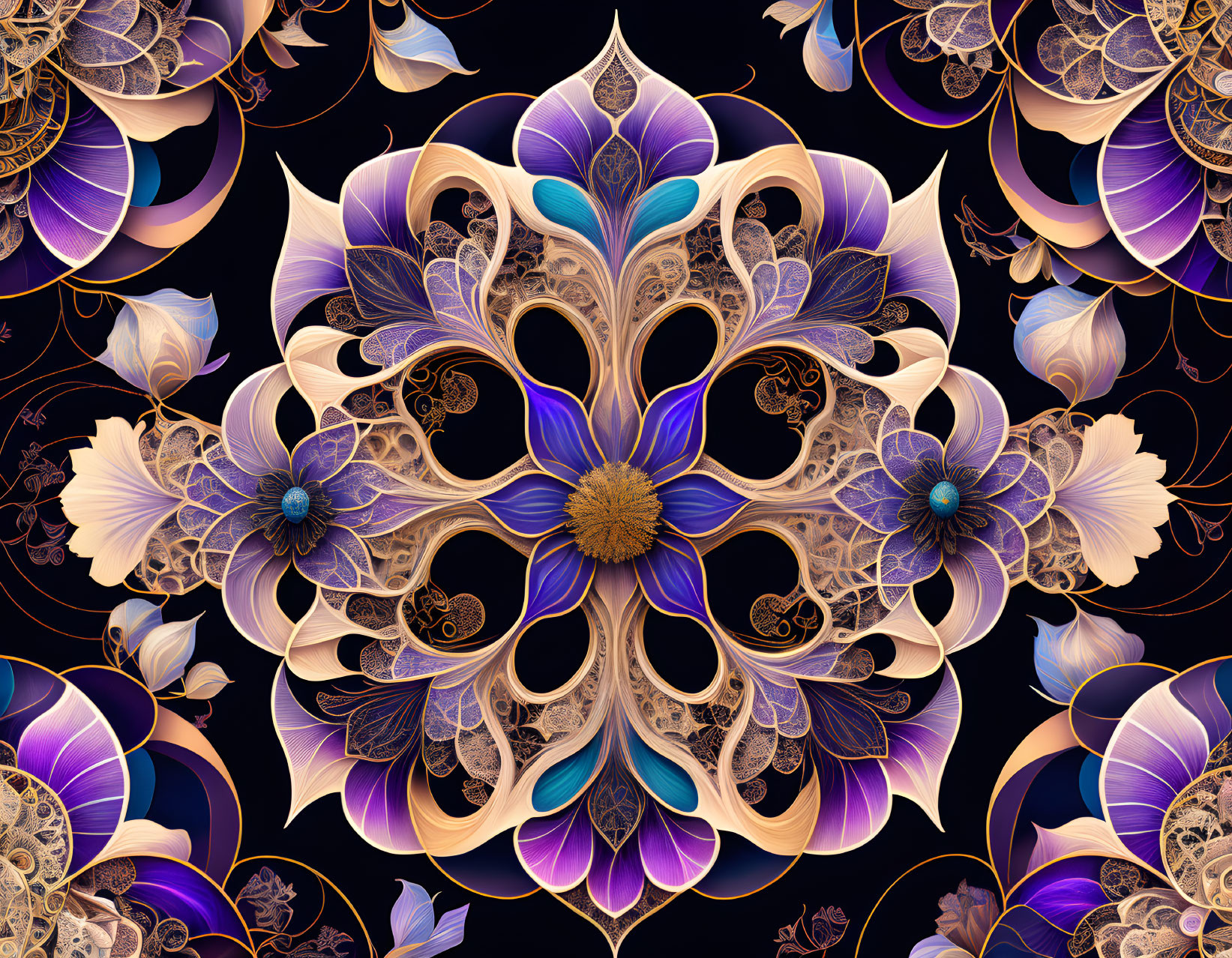 Symmetrical fractal pattern with floral and geometric shapes in purple, blue, and gold tones