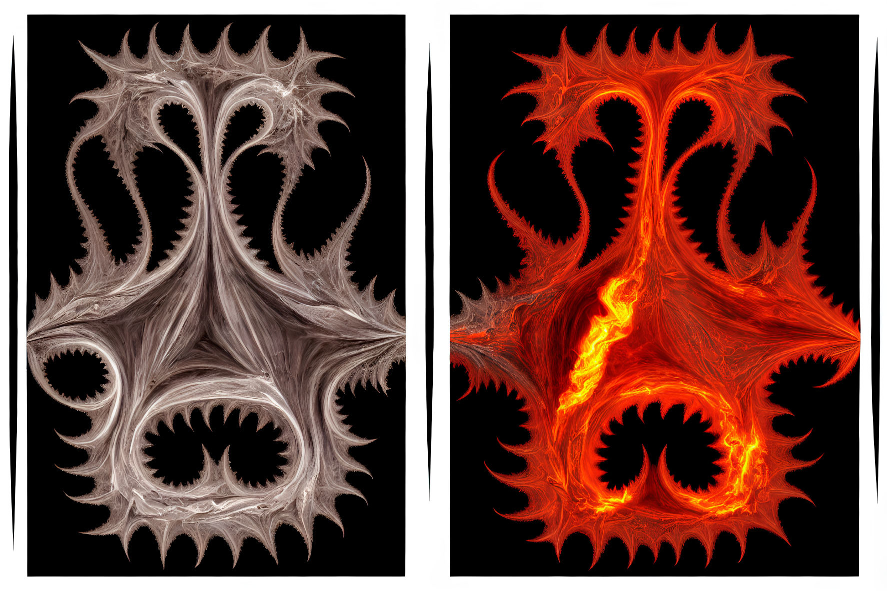 Symmetrical fractal art: silver and red-orange spine-like structures on black