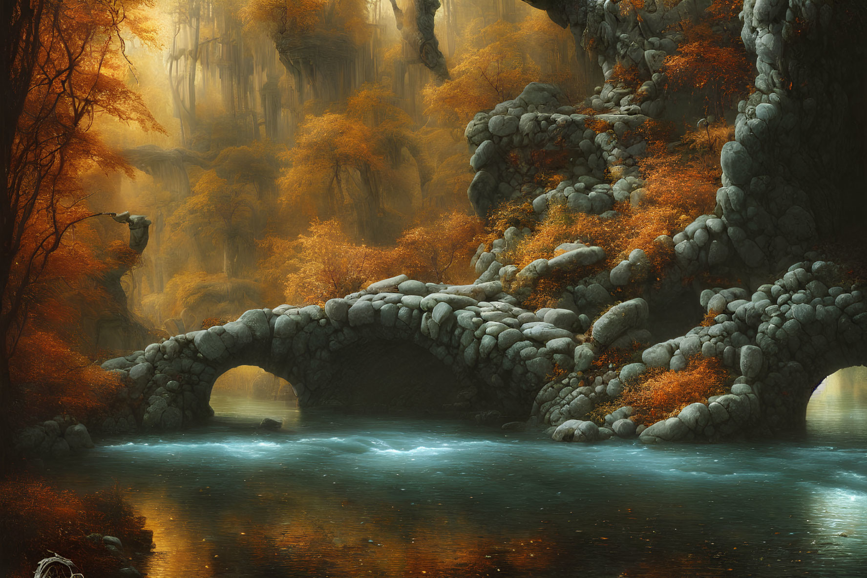 Enchanted autumnal forest with serene river and ancient stone bridge