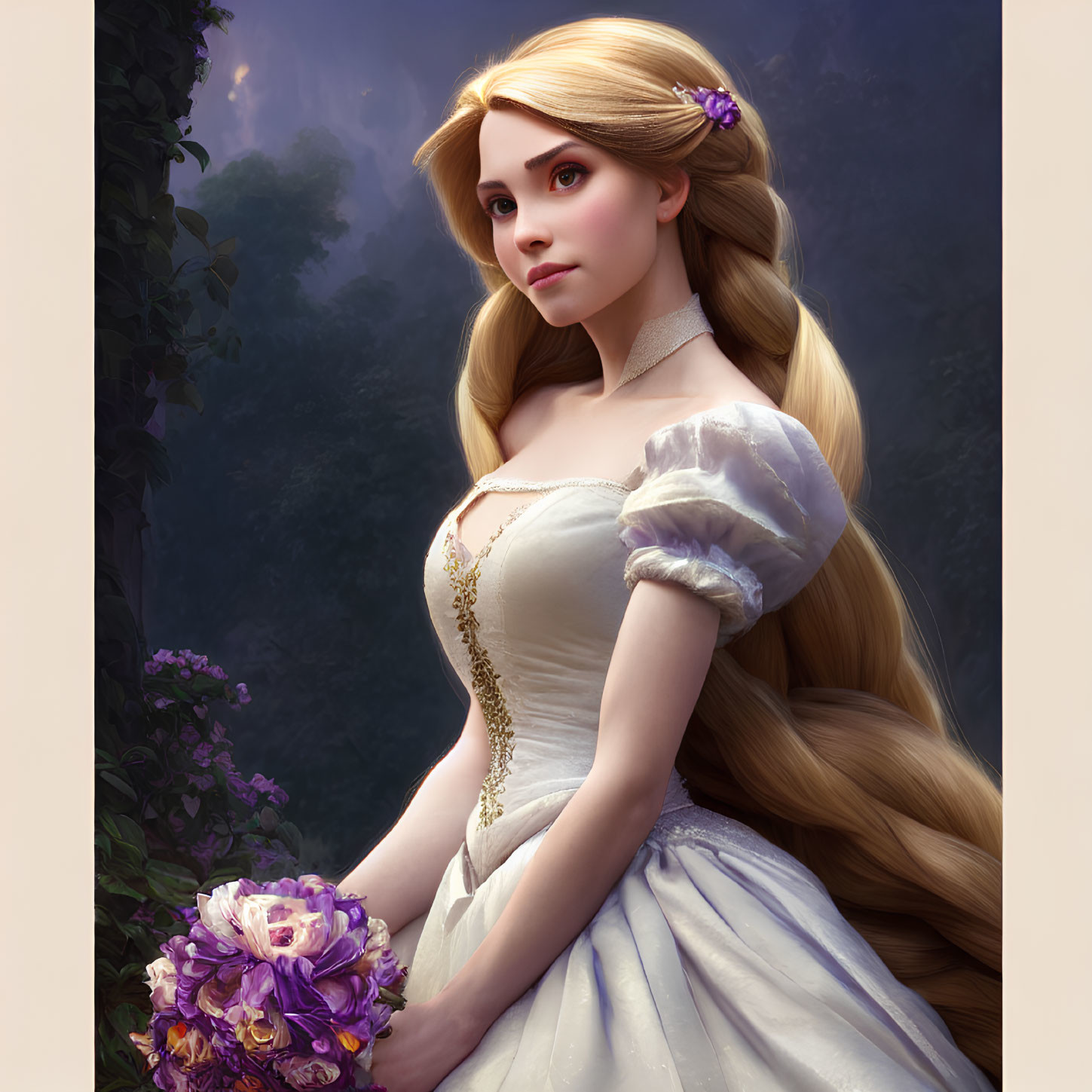 Blonde woman in white and gold dress with flower in misty forest