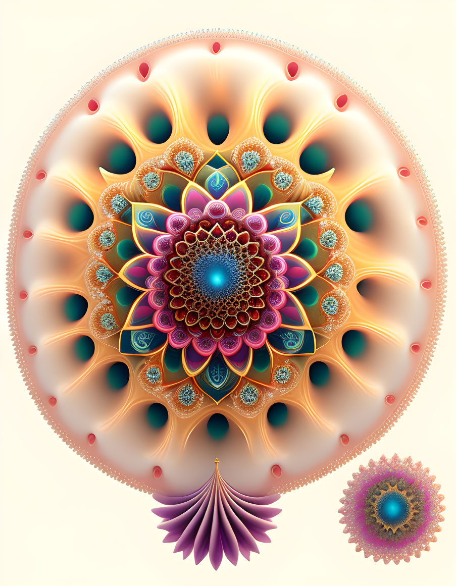 Symmetrical, fractal-like mandala with vibrant colors and blue gemstone