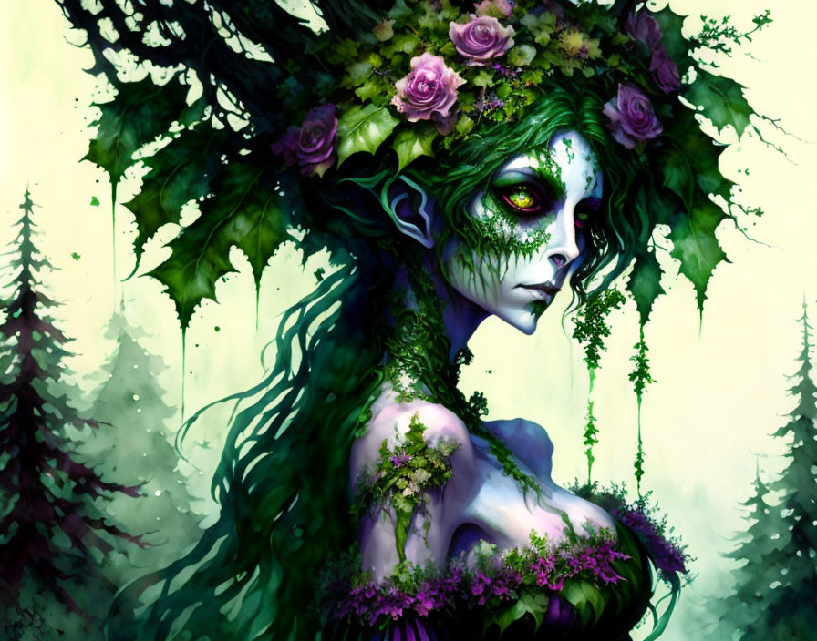 Illustrated female nature figure with green skin and floral headpiece in mystical forest.