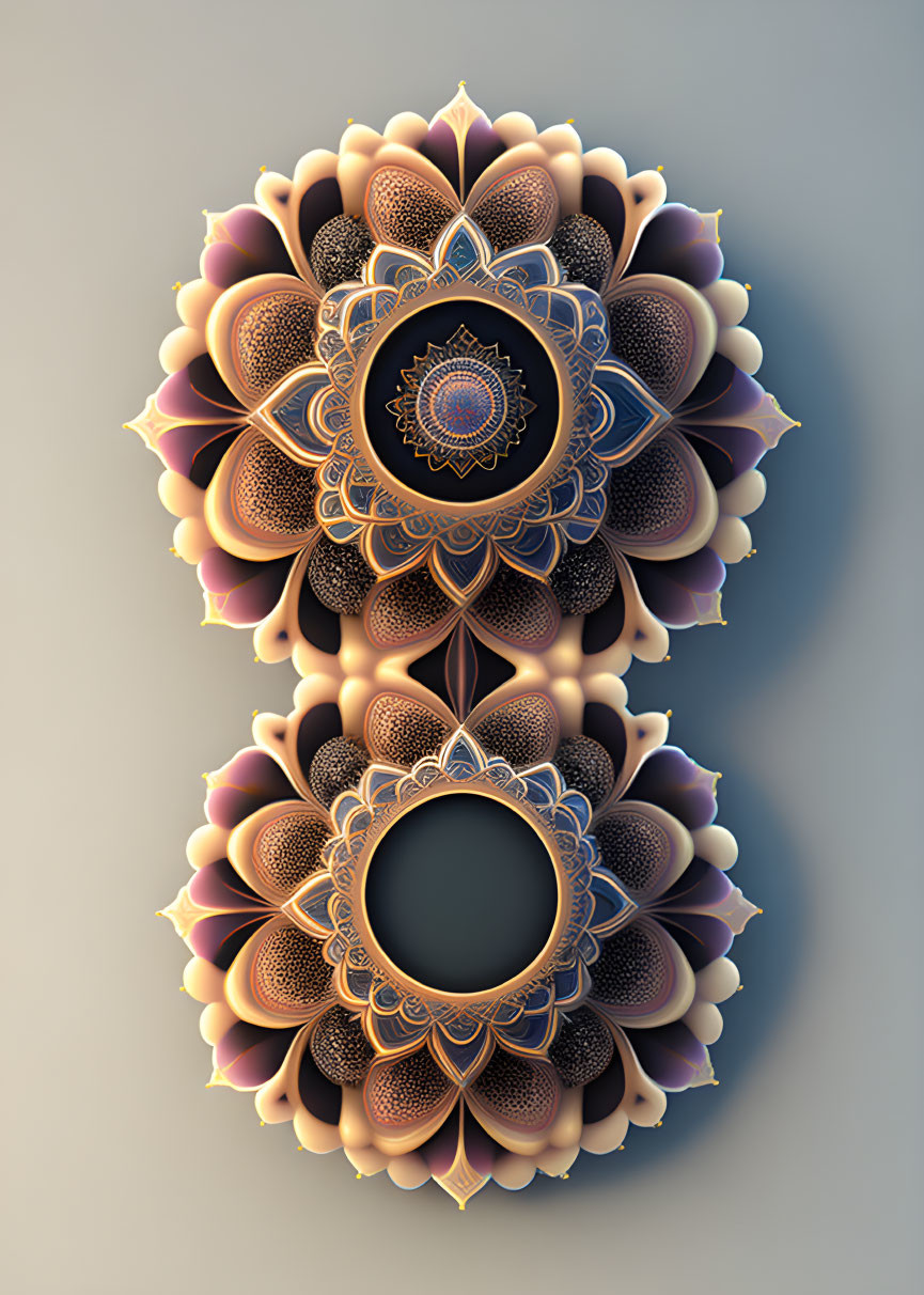 Layered 3D Mandala Art: Geometric Patterns & Gradients in Gold & Dark T