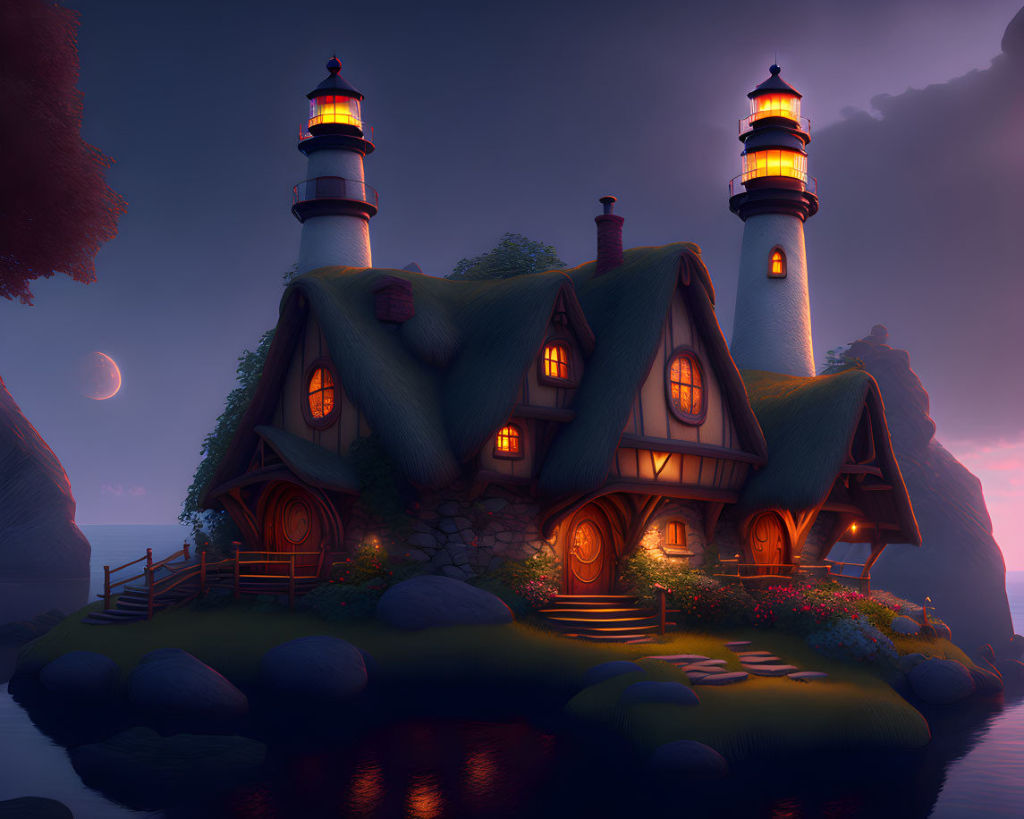 Whimsical cottage with twin lighthouses at twilight by calm sea