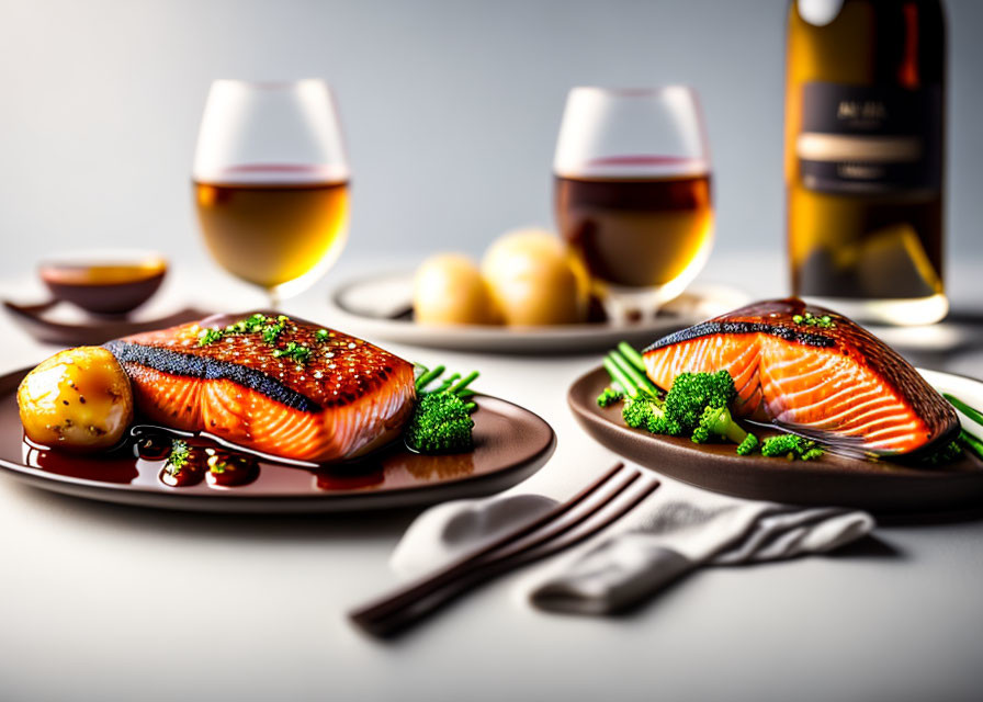 Sophisticated dinner setting with salmon, broccoli, and potatoes, cutlery, wine glasses on