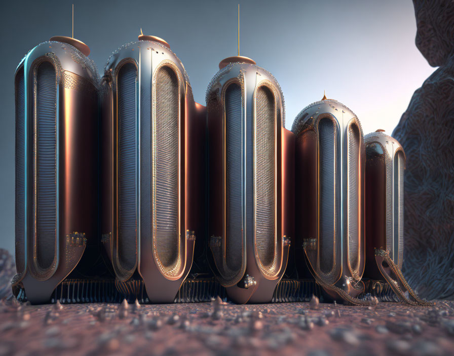 Futuristic copper structures with curved shapes and intricate patterns at dusk