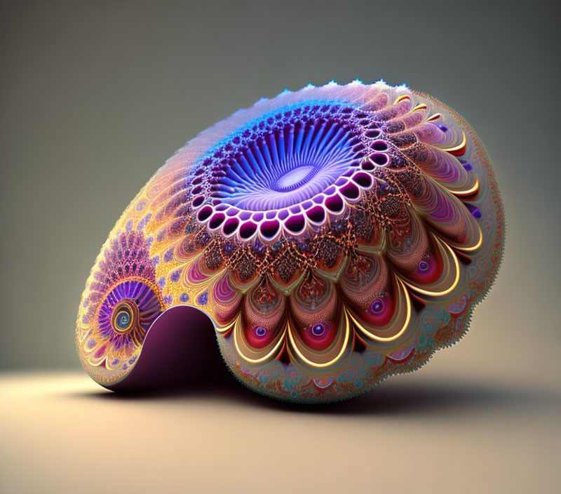 Colorful 3D fractal art with intricate patterns and peacock feather theme