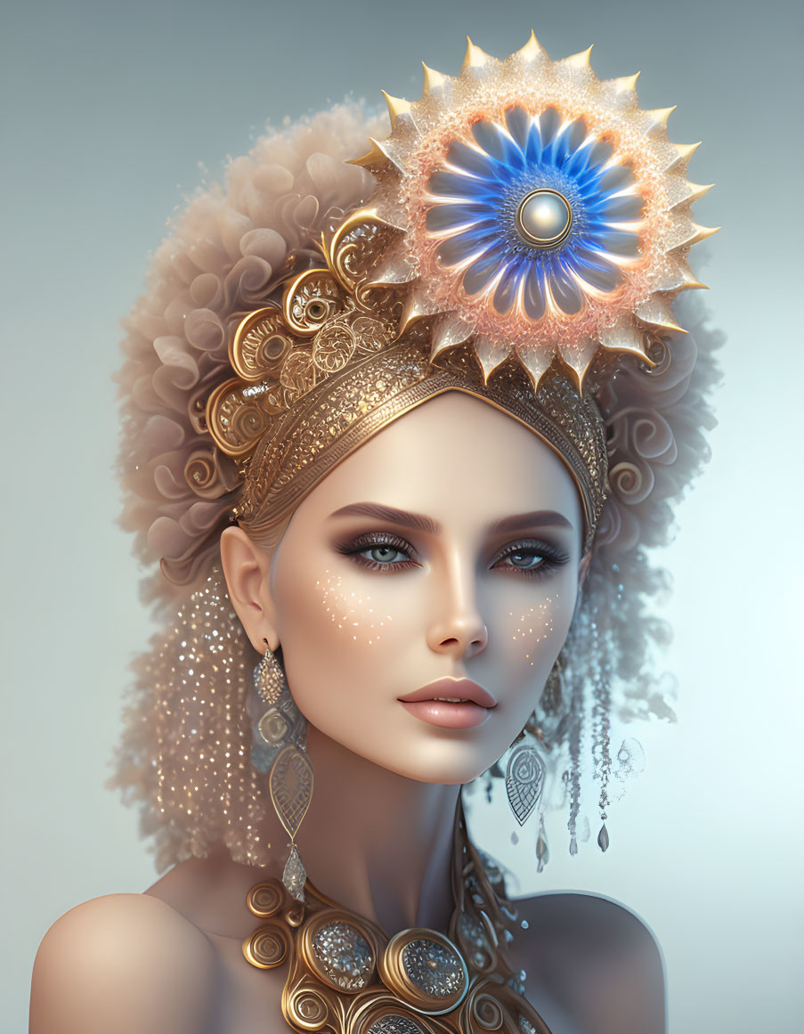 Digital Artwork: Woman with Gold Jewelry & Mechanical Flower Headpiece