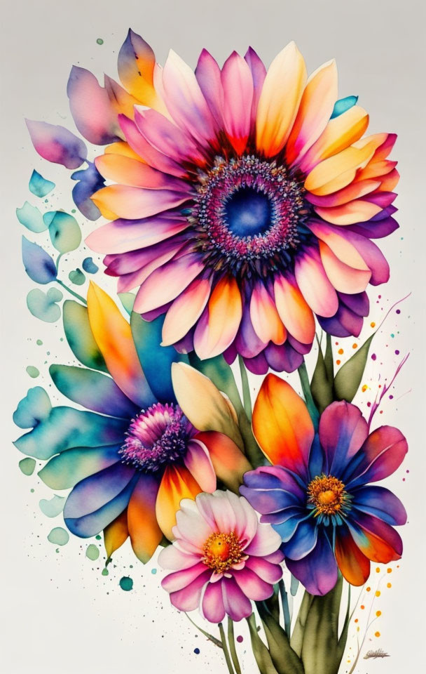 Colorful Watercolor Painting of Vibrant Flowers in Pink, Yellow, and Purple