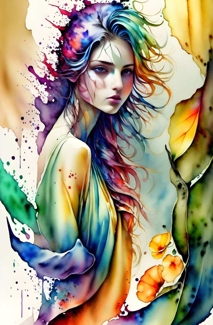 Colorful Watercolor Illustration of Woman with Flowing Hair and Dress