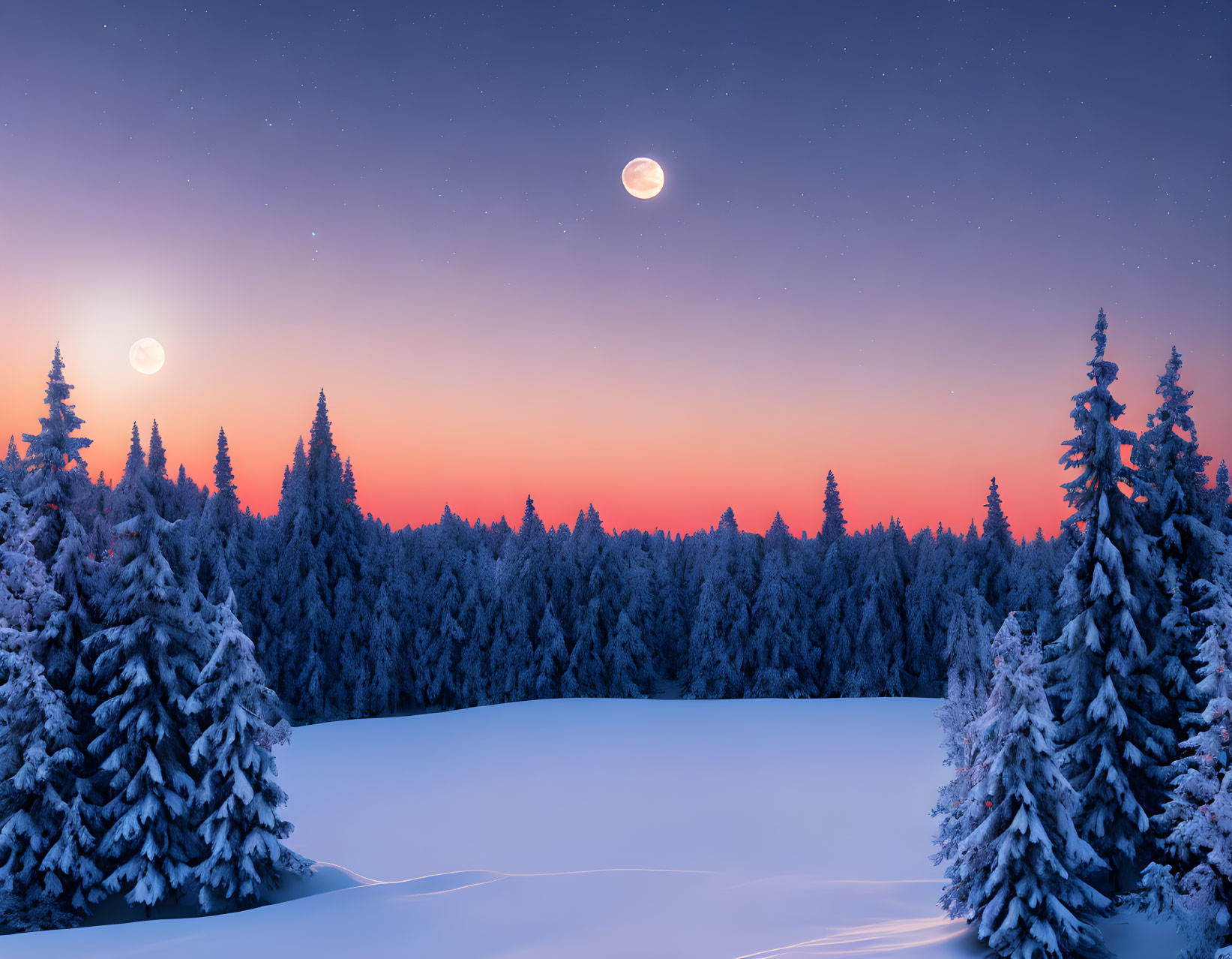 Snow-covered trees in serene winter dusk with moon and stars.