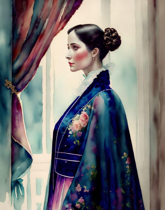 Detailed portrait of woman in elegant updo with blue and purple cloak beside curtain