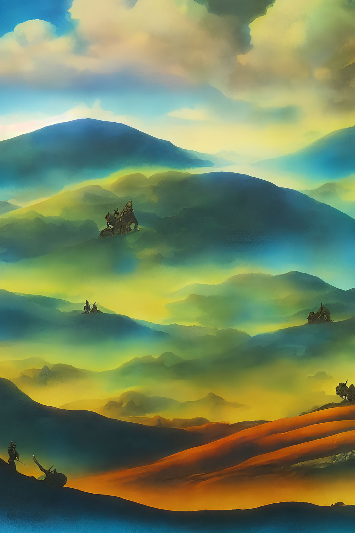 Colorful surreal landscape with layered hills and small figures under vibrant sky