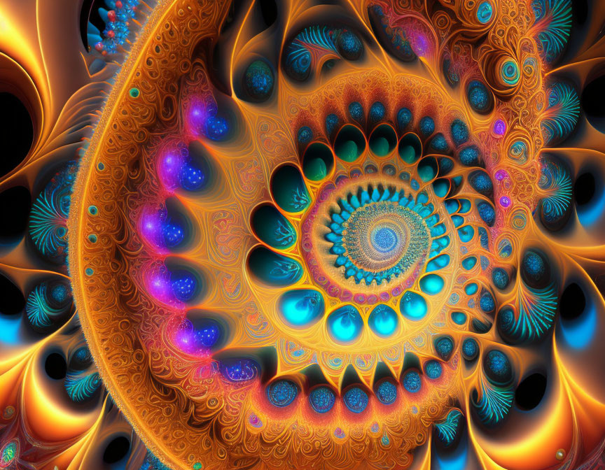 Colorful digital fractal art: Blue and orange swirls with spirals and glowing orbs